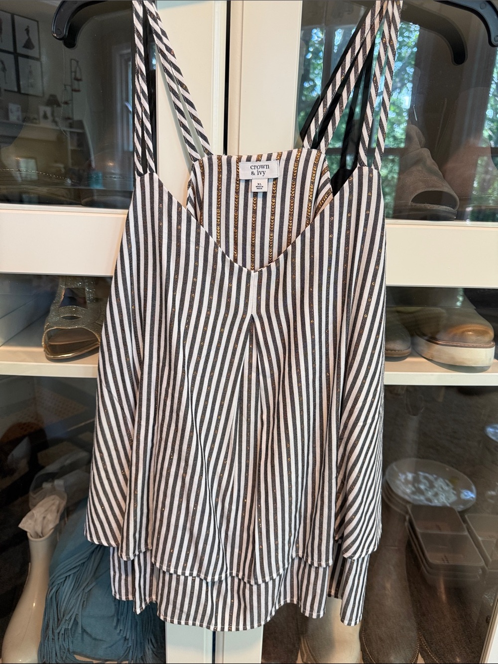 crown & ivy Black and White Striped V-Neck Double-Strap Camisole